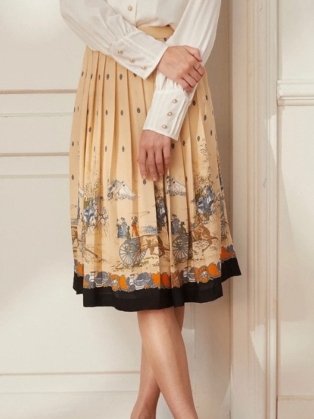 Simple Retro Vintage Carriage Print Pleated Midi Skirt Size Medium